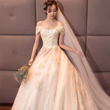 One-Word Shoulder Bridal Wedding Dress 2026 New Slim Simple Long Tail Hepburn Starry Sky Wedding Dress HZ0517