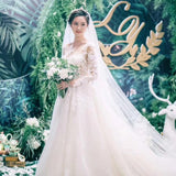 Main Wedding Dress Woman 2026 New Bride Wedding Word Shoulder Drag Long Sleeve Simple Light Wedding Dress Small HZ0517