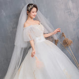 2025 New One-Word Court Super Fairy Dream Wedding Dress With Champagne Long Tail Wedding Dress W24 HZ0517