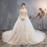 Champagne Long 2025 New Big Tail Wedding Dress Shoulder Horn Sleeve Super Fairy Dream Starry Summer HZ0517