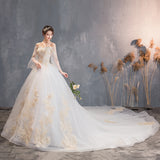 Champagne Long 2025 New Big Tail Wedding Dress Shoulder Horn Sleeve Super Fairy Dream Starry Summer HZ0517