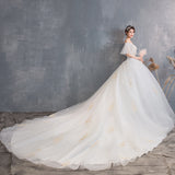 2025 New One-Word Court Super Fairy Dream Wedding Dress With Champagne Long Tail Wedding Dress W24 HZ0517