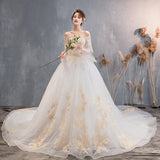 Champagne Long 2025 New Big Tail Wedding Dress Shoulder Horn Sleeve Super Fairy Dream Starry Summer HZ0517