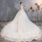 Champagne Long 2025 New Big Tail Wedding Dress Shoulder Horn Sleeve Super Fairy Dream Starry Summer HZ0517
