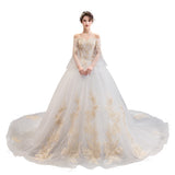 Champagne Long 2025 New Big Tail Wedding Dress Shoulder Horn Sleeve Super Fairy Dream Starry Summer HZ0517