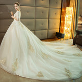 Wedding Dress Princess Long Tail Dress 2026 New Word Shoulder Short Sleeve Drag Tail Su Wedding Dress HZ0517