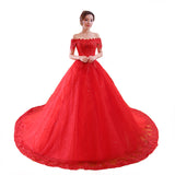 One-Word Shoulder Dragging Red Wedding Dress 2025 New Bride Wedding Korean Long-Tailed Thin Princess Wedding Dress W42 HZ0517