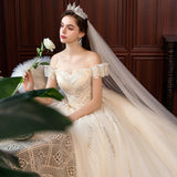One-Word Shoulder Wedding Dress 2026 New Bridal Main Yarn French Style Tail Dream Simple Thin Spring Light Wedding Dress HZ0517