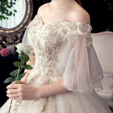 Supply Of Wedding Dress 2025 New Large-Size Shoulder-To-Shoulder Line Super Fairy Bridal Champagne Wedding Dress F62 HZ0517