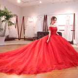 One-Word Shoulder Dragging Red Wedding Dress 2025 New Bride Wedding Korean Long-Tailed Thin Princess Wedding Dress W42 HZ0517