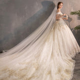 Wedding Dress 2025 New One-Word Princess Dream Court Bride Large Code Super Fairy Star Long Tail W37 HZ0517