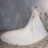 Champagne Long 2025 New Big Tail Wedding Dress Shoulder Horn Sleeve Super Fairy Dream Starry Summer HZ0517