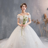 One-Word Shoulder Wedding Dress 2025 New Bridal Lace Court Luxury Sen Series Super Fairy Dream Wedding Dress Big Tail HZ0517