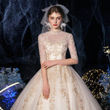 2025 New Senyi One-Word Champagne Starry Sky Main Wedding Dress Bride Dream Thin Simple Sleeve Woman F67 HZ0517