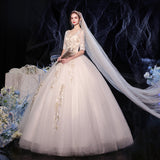 Simple 2026 New Hepburn Dream Champagne Color In The Shoulder Lace White Wedding Dress HZ0517