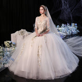 Simple 2026 New Hepburn Dream Champagne Color In The Shoulder Lace White Wedding Dress HZ0517