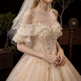 Main Light Wedding Dress 2026 New Bridal Champagne Senong Tailing French-Style Shoulder Super Fairy Thin And Simple HZ0517