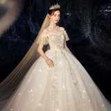 Main Wedding Dress 2026 New Bridal Super Fairy Dream Luxury Princess Shoulder Starry Sky Tug-Tail Thin Wedding Dress Heavy Industry HZ0517