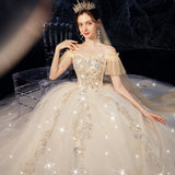 Main Wedding Dress 2026 New Bridal Super Fairy Dream Luxury Princess Shoulder Starry Sky Tug-Tail Thin Wedding Dress Heavy Industry HZ0517