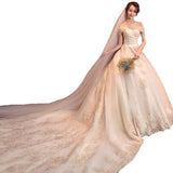One-Word Shoulder Bridal Wedding Dress 2026 New Slim Simple Long Tail Hepburn Starry Sky Wedding Dress HZ0517