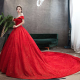 Red Main Wedding Dress Large Size Thin Starry Sky Word Long Tail Bridal Woman Wedding New 2026 Spring HZ0517