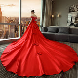 One-Word Shoulder Red Tailed Wedding Dress Female Dingy Wedding Dress Korean Version Of The Princess 2026 Spring New Bridal Wedding Dress HZ0517