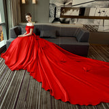 One-Word Shoulder Red Tailed Wedding Dress Female Dingy Wedding Dress Korean Version Of The Princess 2026 Spring New Bridal Wedding Dress HZ0517