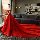 One-Word Shoulder Red Tailed Wedding Dress Female Dingy Wedding Dress Korean Version Of The Princess 2026 Spring New Bridal Wedding Dress HZ0517
