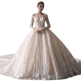 2026 New Bridal Mesh Large Tug Tail Bright Silk Yarn Splicing A Word Shoulder Long Sleeves And Bare Back Wedding Dress HZ0517