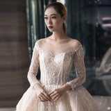 2026 New Bridal Mesh Large Tug Tail Bright Silk Yarn Splicing A Word Shoulder Long Sleeves And Bare Back Wedding Dress HZ0517