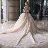 2026 New Bridal Mesh Large Tug Tail Bright Silk Yarn Splicing A Word Shoulder Long Sleeves And Bare Back Wedding Dress HZ0517