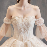 Light Main Wedding Dress 2026 New Temperament Bride Braque Champagne-Colored Tailing French Word Shoulder Tail Wedding Dress HZ0517