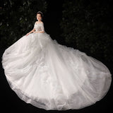 2026 New Word Shoulder-Tailed Wedding Dress Lace Small High-Waisted Light Wedding Dress Dress Dress HZ0517