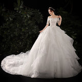 2026 New Word Shoulder-Tailed Wedding Dress Lace Small High-Waisted Light Wedding Dress Dress Dress HZ0517