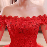 One-Word Shoulder Dragging Red Wedding Dress 2025 New Bride Wedding Korean Long-Tailed Thin Princess Wedding Dress W42 HZ0517