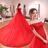 One-Word Shoulder Dragging Red Wedding Dress 2025 New Bride Wedding Korean Long-Tailed Thin Princess Wedding Dress W42 HZ0517