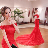 The New Bride's Word Shoulder-To-Shoulder Fish Tail Slim Showing Long And Long Tailed Large-Size Red Wedding Dress Direct Y02 HZ0517