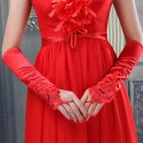Wedding Long Lace Embroidery Gloves Wedding Dew Red Diamond Lace Bridal Wedding Dress Code Gloves HZ0517