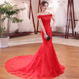 The New Bride's Word Shoulder-To-Shoulder Fish Tail Slim Showing Long And Long Tailed Large-Size Red Wedding Dress Direct Y02 HZ0517