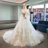 Wedding Dress 2026 New Bride's Word Shoulder Showing Lean Sleeve Long Tail Main Wedding Dress HZ0517