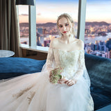 Wedding Dress 2026 New Bride's Word Shoulder Showing Lean Sleeve Long Tail Main Wedding Dress HZ0517