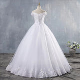 Standing White Wedding Dress Lace Decoer Ball Shoulder Bridal Dress Mid-Siding Wedding Dress HZ0517