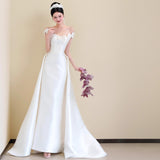 French One-Word Shoulder Light Wedding Dress Bride High-End Feeld With Simple White Yarn Tail Engagement Welcome Dress HZ0517