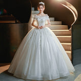 French Court Style Wedding Dress 2026 New Bride's Word Shoulder-Sand-Faced Thin Arm Simple Tweed White Wedding Dress HZ0517