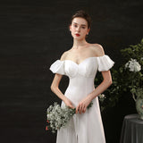 French Bride's Simple Temperament Shoulder Bubble Sleeves And Stipettes Are Thin A-Word Small White Dress To Go Out Light Wedding Dress HZ0517