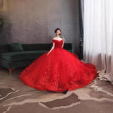One-Word Shoulder Red Wedding Dress New Dress Together With The Thin Bride Fluffy Skirt Wedding Dress Wedding Dress Chinese High Sense HZ0517