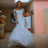 One-Word Shoulder Long-Sleeved Lace Fishtail Wedding Dress Detachable Tailed Bride Main Wedding Dress HZ0517