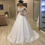 2026 New Temperament Bridal Woman Deep V-Neck Simple Long-Sleeved Lace Slimming Main Wedding Dress HZ0517