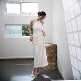 White Evening Dress Acetate-Sin Noodle Light Luxury Morning Robe Bride Toast High-End Hanging Neck Repair Dress HZ0517