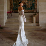 French Light Wedding Dress Bride Senior Sense Small Sen Family Elegant Shoulder Long-Sleeved Lace Fishtail Dress HZ0517